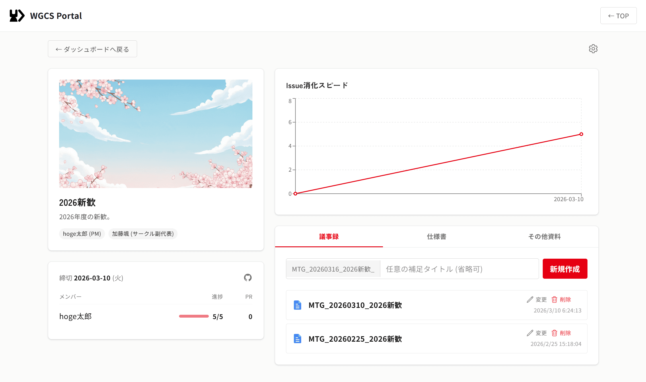 メンバーポータル プロジェクト詳細画面